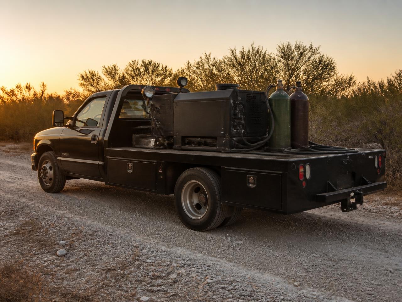 Moros Welding Service mobile welding truck on a South Texas ranch road